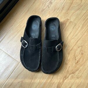 Birkenstock Black Suede Buckle Clogs